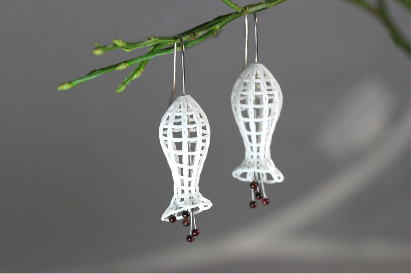 large dangle earrings in floral design. Elegant combination of 3D printed nylon with silver and stone beats. Design by Andrea Blaschke