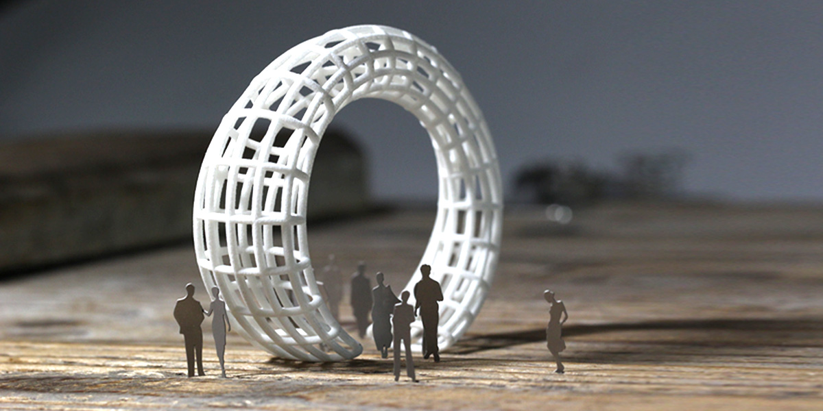 white parametric cuff bracelet in an architectural setting